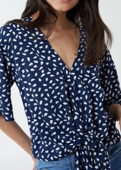 Blue Vanilla Navy Abstract Spot Tie Front Batwing Top