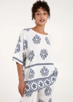 Blue Vanilla Navy Border Print Top