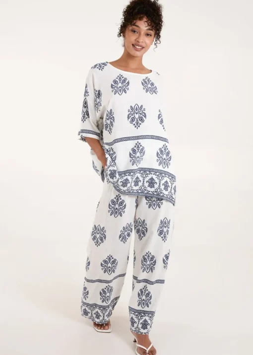 Blue Vanilla Navy Border Print Top