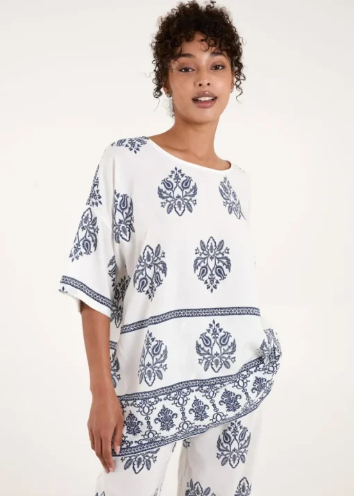 Blue Vanilla Navy Border Print Top