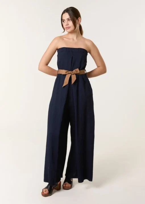 Blue Vanilla Navy Linen Belted Wide Bandeau Jumpsuit