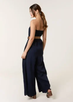 Blue Vanilla Navy Linen Belted Wide Bandeau Jumpsuit