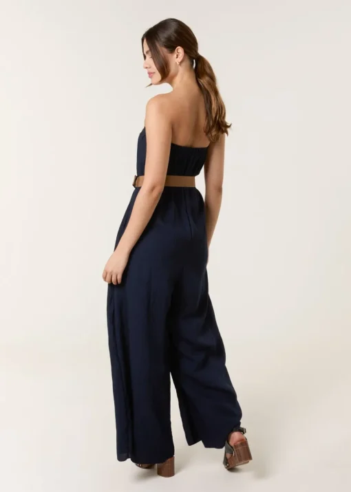 Blue Vanilla Navy Linen Belted Wide Bandeau Jumpsuit