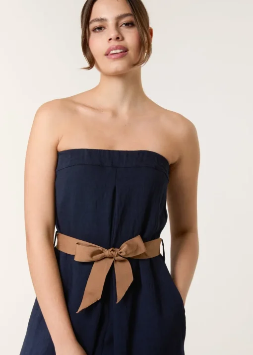 Blue Vanilla Navy Linen Belted Wide Bandeau Jumpsuit
