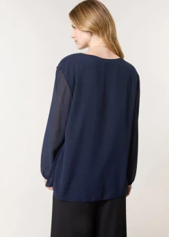Blue Vanilla Navy Long Sleeve Pleated Top
