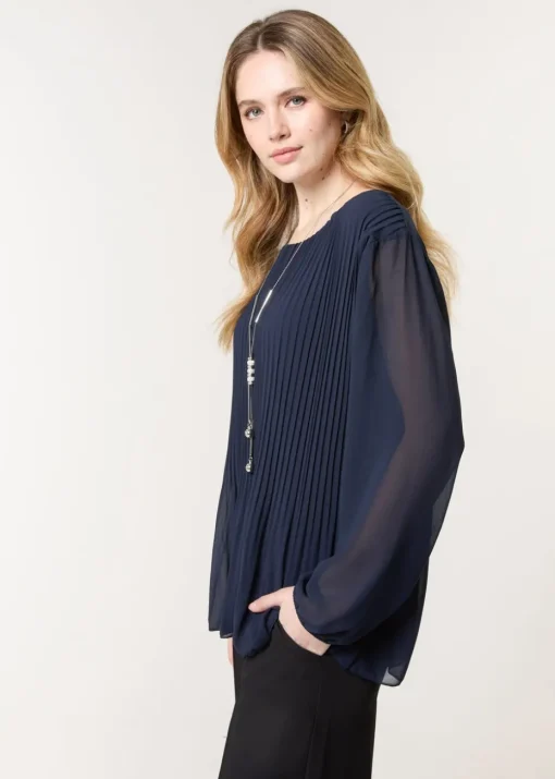 Blue Vanilla Navy Long Sleeve Pleated Top