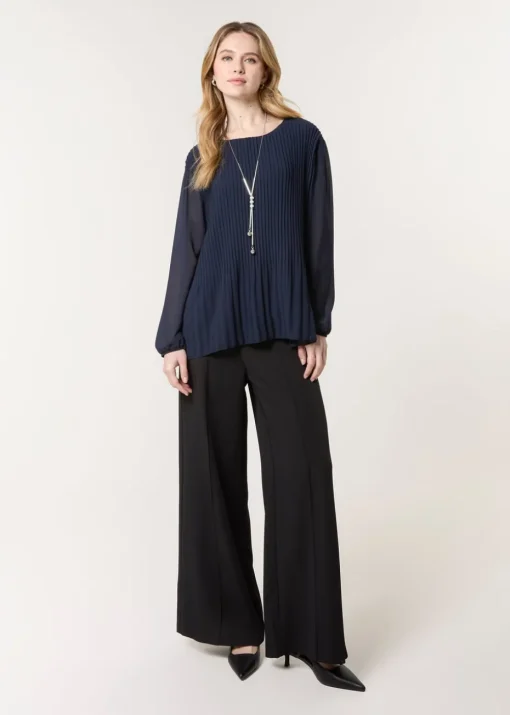 Blue Vanilla Navy Long Sleeve Pleated Top