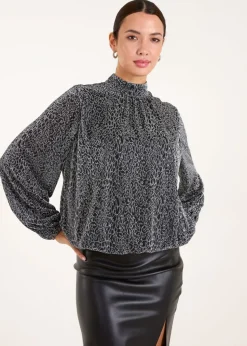 Blue Vanilla Silver High Neck Puffball Hem Blouse