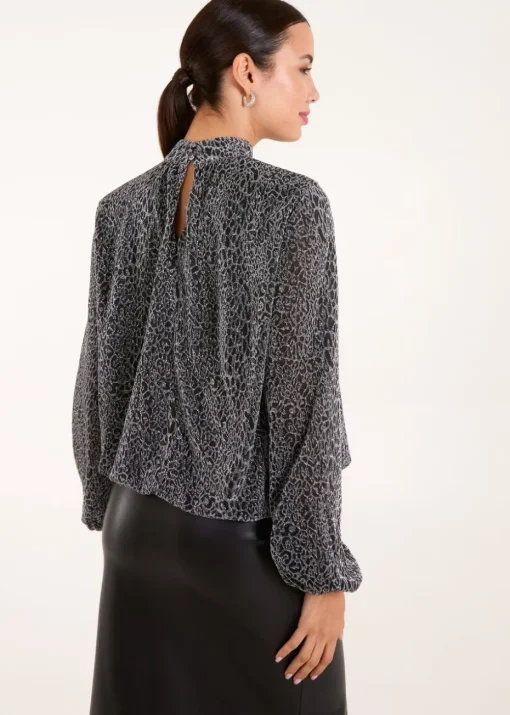Blue Vanilla Silver High Neck Puffball Hem Blouse