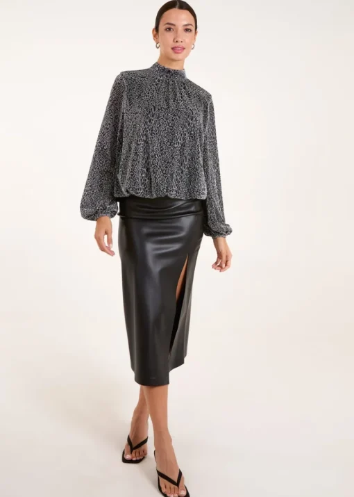 Blue Vanilla Silver High Neck Puffball Hem Blouse