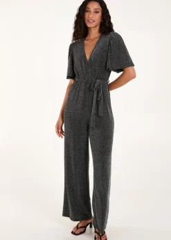 Blue Vanilla Silver Metallic Angel Sleeve Jumpsuit