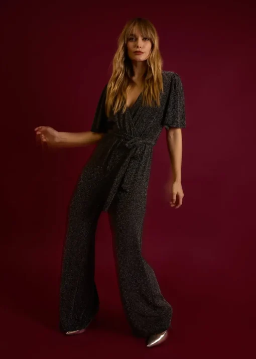 Blue Vanilla Silver Metallic Angel Sleeve Jumpsuit