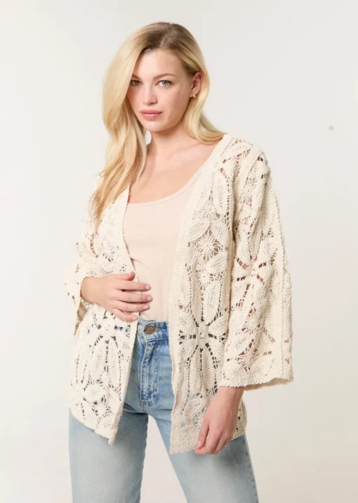 Blue Vanilla Stone Crochet Tie Front Cardigan