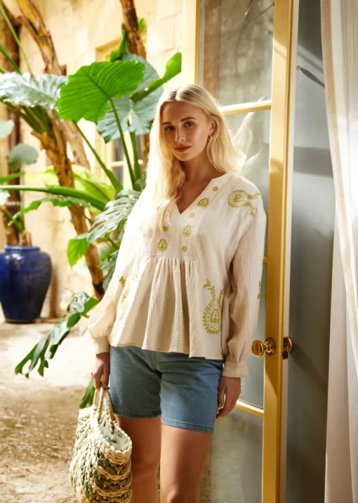 Blue Vanilla Stone Embroidered Cheesecloth Top