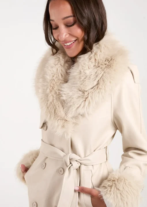 Blue Vanilla Stone Faux Fur Trim Double Breasted Pu Coat