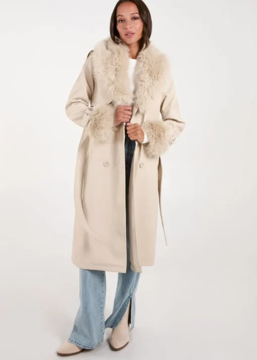 Blue Vanilla Stone Faux Fur Trim Double Breasted Pu Coat