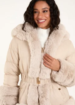 Blue Vanilla Stone Fur Trim Belted Puffer Coat