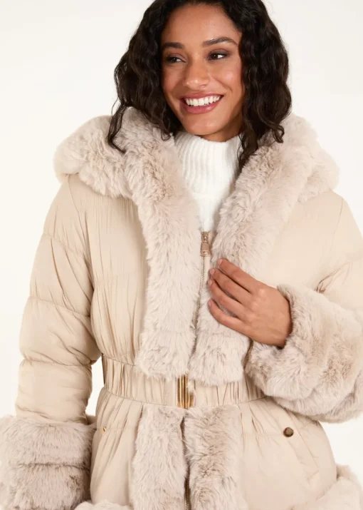 Blue Vanilla Stone Fur Trim Belted Puffer Coat