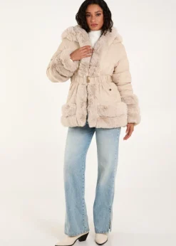 Blue Vanilla Stone Fur Trim Belted Puffer Coat