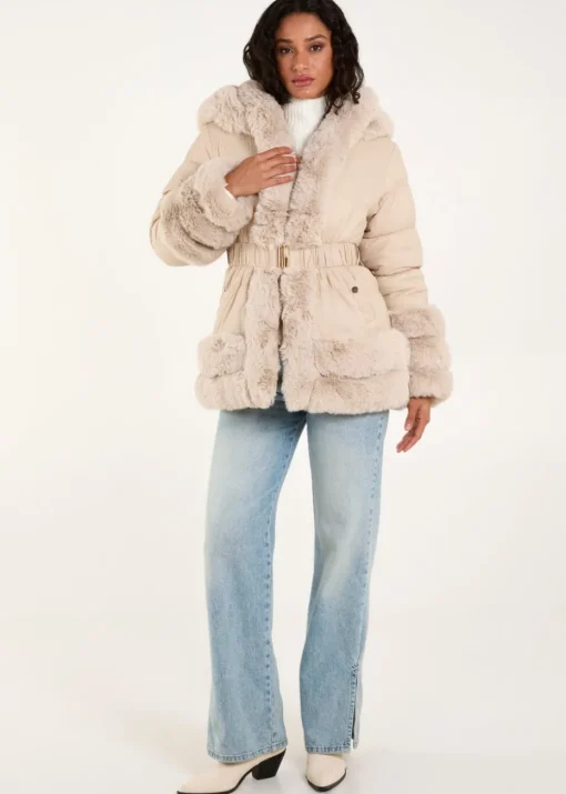 Blue Vanilla Stone Fur Trim Belted Puffer Coat
