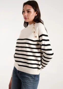 Blue Vanilla Stone Horizontal Stripes Shoulder Button Detailed Jumper