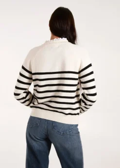 Blue Vanilla Stone Horizontal Stripes Shoulder Button Detailed Jumper