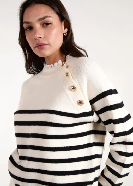 Blue Vanilla Stone Horizontal Stripes Shoulder Button Detailed Jumper