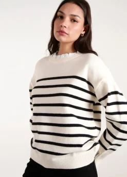 Blue Vanilla Stone Horizontal Stripes Bow Button Detailed Jumper