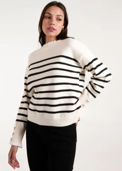 Blue Vanilla Stone Horizontal Stripes Bow Button Detailed Jumper