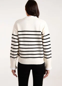 Blue Vanilla Stone Horizontal Stripes Bow Button Detailed Jumper