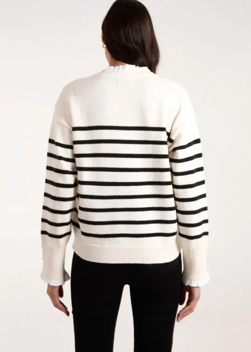 Blue Vanilla Stone Horizontal Stripes Bow Button Detailed Jumper