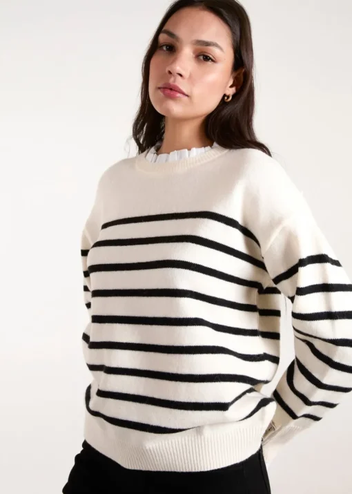 Blue Vanilla Stone Horizontal Stripes Bow Button Detailed Jumper