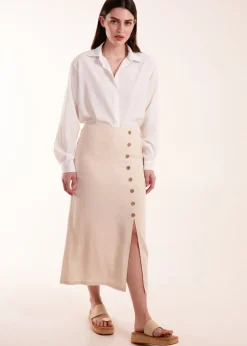 Blue Vanilla Stone Linen Button Front Midi Skirt