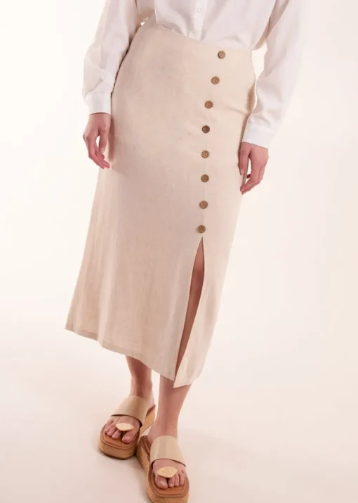 Blue Vanilla Stone Linen Button Front Midi Skirt