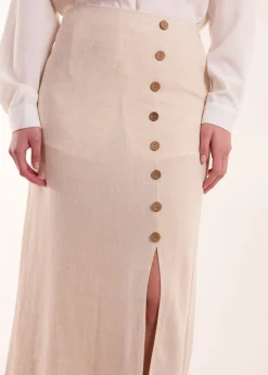 Blue Vanilla Stone Linen Button Front Midi Skirt