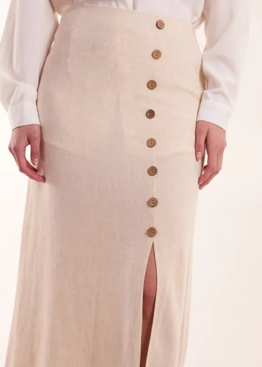 Blue Vanilla Stone Linen Button Front Midi Skirt
