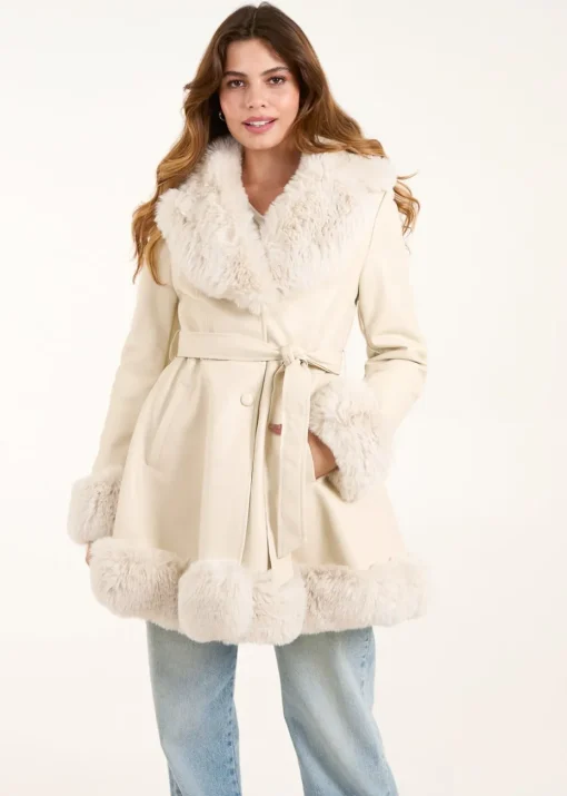 Blue Vanilla Stone PU Faux Fur Trimmed Belted Coat