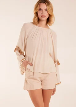Blue Vanilla Stone Tassel Wide Sleeve Blouse