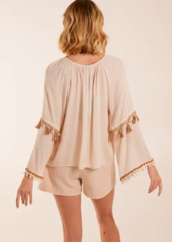 Blue Vanilla Stone Tassel Wide Sleeve Blouse