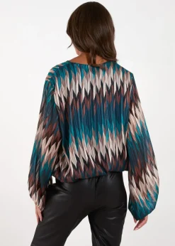 Blue Vanilla Teal Chevron V Neck Blouse