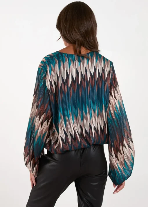 Blue Vanilla Teal Chevron V Neck Blouse