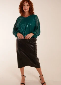 Blue Vanilla Teal Curve Sequin Batwing Blouse