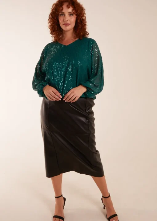 Blue Vanilla Teal Curve Sequin Batwing Blouse