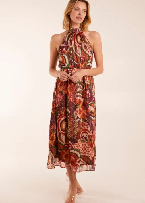 Blue Vanilla Terracotta Halter Neck Tassle Detail Midi Dress