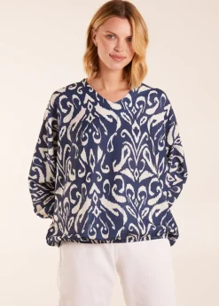 Blue Vanilla V Neck Printed Batwing Elasticated Hem Top