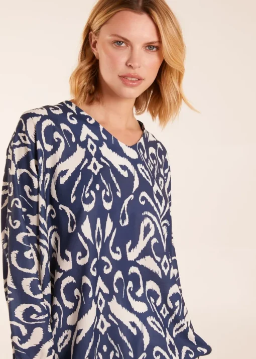 Blue Vanilla V Neck Printed Batwing Elasticated Hem Top