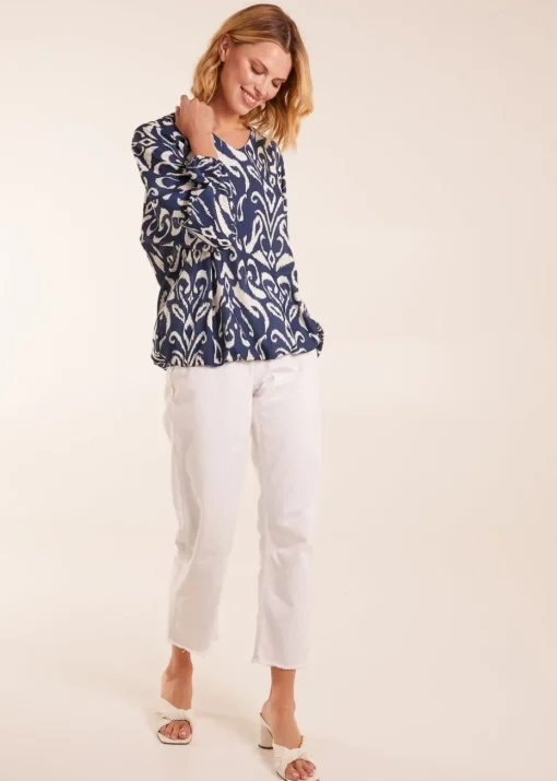Blue Vanilla V Neck Printed Batwing Elasticated Hem Top