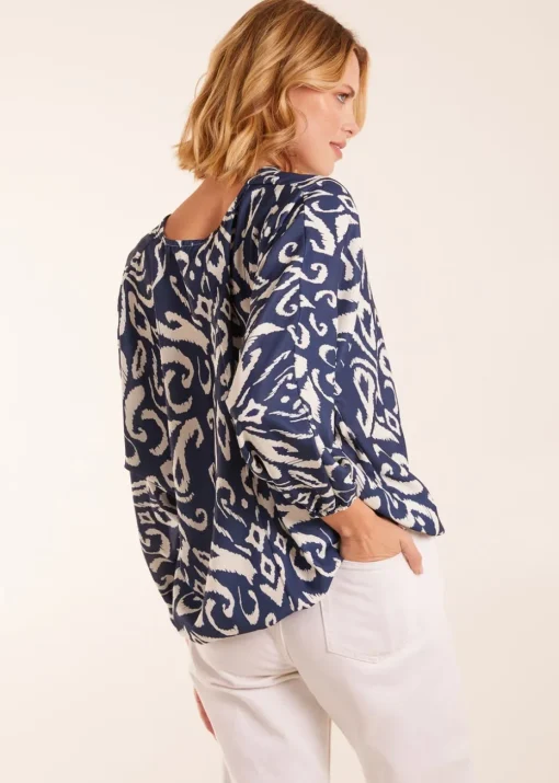 Blue Vanilla V Neck Printed Batwing Elasticated Hem Top