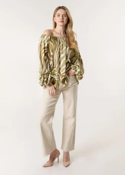 Blue Vanilla White Zebra Satin Ruched Bardot Top