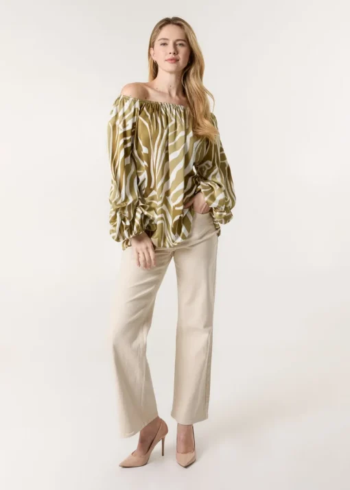 Blue Vanilla White Zebra Satin Ruched Bardot Top